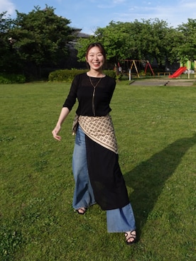 「LOUNGEDRESS（ラウンジドレス）の≪新色キャメル登場/重ね着映え≫シアーハイスリットワンピース（ワンピース、ブラック系）」を使った、こてがわさん（レディース・151cm）の夏コーディネート