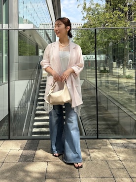 「LOUNGEDRESS（ラウンジドレス）の《累計1.5万枚/洗えてシワになりにくい！》リネンライクシアージャケット（テーラードジャケット、ピンク系）」を使った、こてがわさん（レディース・151cm）の夏コーディネート
