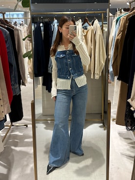 「LOUNGEDRESS（ラウンジドレス）のデニムビスチェ（タンクトップ、ブルー系）」を使った、こてがわさん（レディース・151cm）の春コーディネート