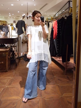 「LOUNGEDRESS（ラウンジドレス）の《洗濯可》レースシフォンキャミ（キャミソール、ホワイト系）」を使った、こてがわさん（レディース・151cm）の夏コーディネート