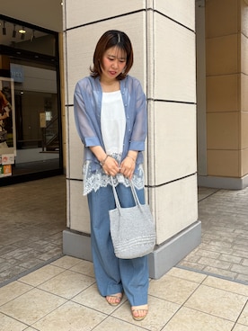 「MICO COULIER（ミコクリエ）のシアーデニムイージーワイドパンツ（その他パンツ、ブルー系）」を使った、økiさん（レディース・160cm）の春コーディネート