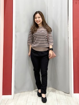 「SHOO・LA・RUE（シューラルー）の【ガンガン洗える/ひんやり/UV/毛玉になりにくい】上半身すっきり 二の腕見せない5分袖ニット（ニット/セーター、ブラウン系）」を使った、shio さん（レディース・143cm）の夏コーディネート