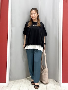 「SHOO・LA・RUE（シューラルー）の【ひんやり/洗濯機可】インせず着られる バルーンデザインTシャツ（Tシャツ/カットソー、ブラック系）」を使った、shio さん（レディース・143cm）の夏コーディネート