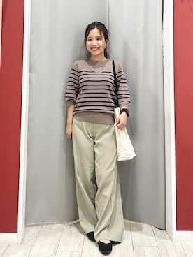 「SHOO・LA・RUE（シューラルー）の【ガンガン洗える/ひんやり/UV/毛玉になりにくい】上半身すっきり 二の腕見せない5分袖ニット（ニット/セーター、ブラウン系）」を使った、shio さん（レディース・143cm）の夏コーディネート