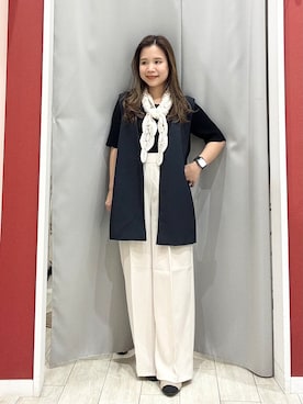 「SHOO・LA・RUE（シューラルー）の【セットアップ可/洗濯後しわになりにくい/S-LL】シンプルで合わせやすい ノーカラージレ（ベスト、ブルー系）」を使った、shio さん（レディース・143cm）の夏コーディネート