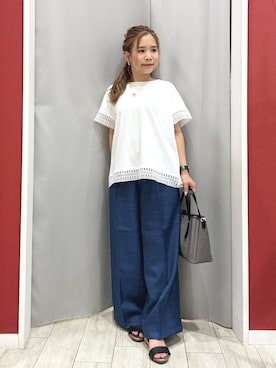「DRESKIP（ドレスキップ）の【S-LL/ひんやり】インせず決まる 楽してきれいなレース付きトップス（Tシャツ/カットソー）」を使った、shio さん（レディース・143cm）の夏コーディネート
