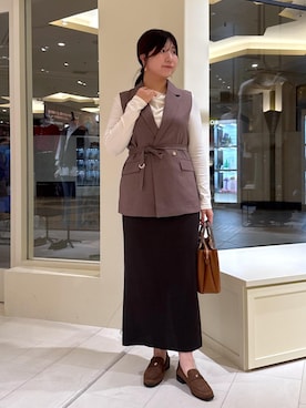 「ROPE' PICNIC（ロペピクニック）のトタンテレコ Iラインリブニットスカート（スカート、グレー系）」を使った、おゆきさん（レディース・165cm）の秋コーディネート