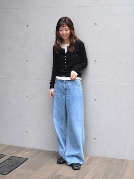 「Ungrid（アングリッド）のレイヤードデザインニット（ニット/セーター、ブラック系）」を使った、外薗杏奈さん（レディース・158cm）の夏コーディネート