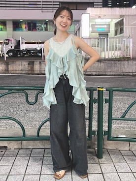 「アイテム（キャミソール、グリーン系）」を使った、外薗杏奈さん（レディース・158cm）の夏コーディネート