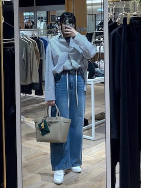 「BARNYARDSTORM（バンヤードストーム）のBARNYARDSTORM / NEWカットワイドデニム / ハンドウォッシャブル【WEB限定サイズL】【『ネルソンさん』YouTubeご紹介アイテム】（デニムパンツ、ブルー系）」を使った、mikuriさん（レディース）の春コーディネート