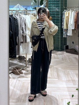 「BARNYARDSTORM（バンヤードストーム）のBARNYARDSTORM / ペーパーボーダーニット（ニット/セーター、ホワイト系）」を使った、mikuriさん（レディース）の春コーディネート