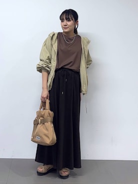 「BARNYARDSTORM（バンヤードストーム）の【『BABALOG』YouTubeご紹介アイテム】BARNYARDSTORM / UVカットクールタッチドルマンプルオーバー【UVカット＋接触冷感】【WEB限定カラー】（Tシャツ/カットソー、ブラウン系）」を使った、mikuriさん（レディース）の春コーディネート