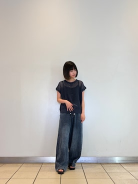 「ITEMS URBANRESEARCH（アイテムズ アーバンリサーチ）のメッシュニットベスト（ベスト、ブルー系）」を使った、natsukiさん（レディース・156cm）の夏コーディネート