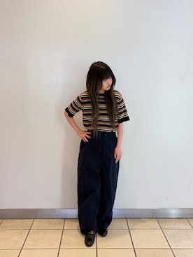 「ITEMS URBANRESEARCH（アイテムズ アーバンリサーチ）のマルチボーダー半袖ニット（ニット/セーター、ブラウン系）」を使った、ナツキさん（レディース・156cm）の春コーディネート