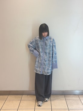 「KBF（ケイビーエフ）のシアーチェックレイヤードシャツ（シャツ/ブラウス、ブルー系）」を使った、ナツキさん（レディース・156cm）の春コーディネート