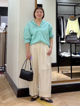 「A part by（アパートバイ）のスラックスコクーンボリュームパンツ（スラックス、ホワイト系）」を使った、haruさん（レディース・163cm）の春コーディネート