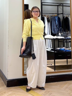 「A part by（アパートバイ）のアイレットアミショートカーディガン（カーディガン/ボレロ、イエロー系）」を使った、haruさん（レディース・163cm）の春コーディネート