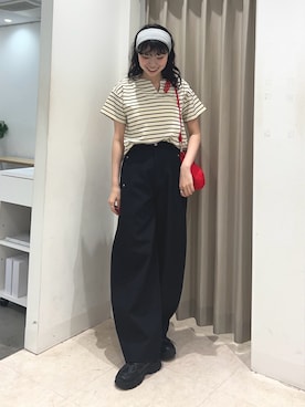「SENSE OF PLACE by URBAN RESEARCH(センスオブプレイスバイアーバンリサーチ)のキーネックミラノリブTシャツ(Tシャツ/カットソー、ホワイト系)」を使った、ざわわんさん(レディース・163cm)の夏コーディネート