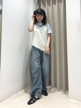 「SENSE OF PLACE by URBAN RESEARCH(センスオブプレイスバイアーバンリサーチ)のアシメヘムレースキャミソール(キャミソール、ホワイト系)」を使った、ざわわんさん(レディース・163cm)の夏コーディネート
