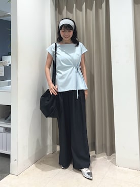 「SENSE OF PLACE by URBAN RESEARCH(センスオブプレイスバイアーバンリサーチ)の『イージーケア/接触冷感』ニュアンスコードTシャツ(Tシャツ/カットソー、ブルー系)」を使った、ざわわんさん(レディース・163cm)の夏コーディネート