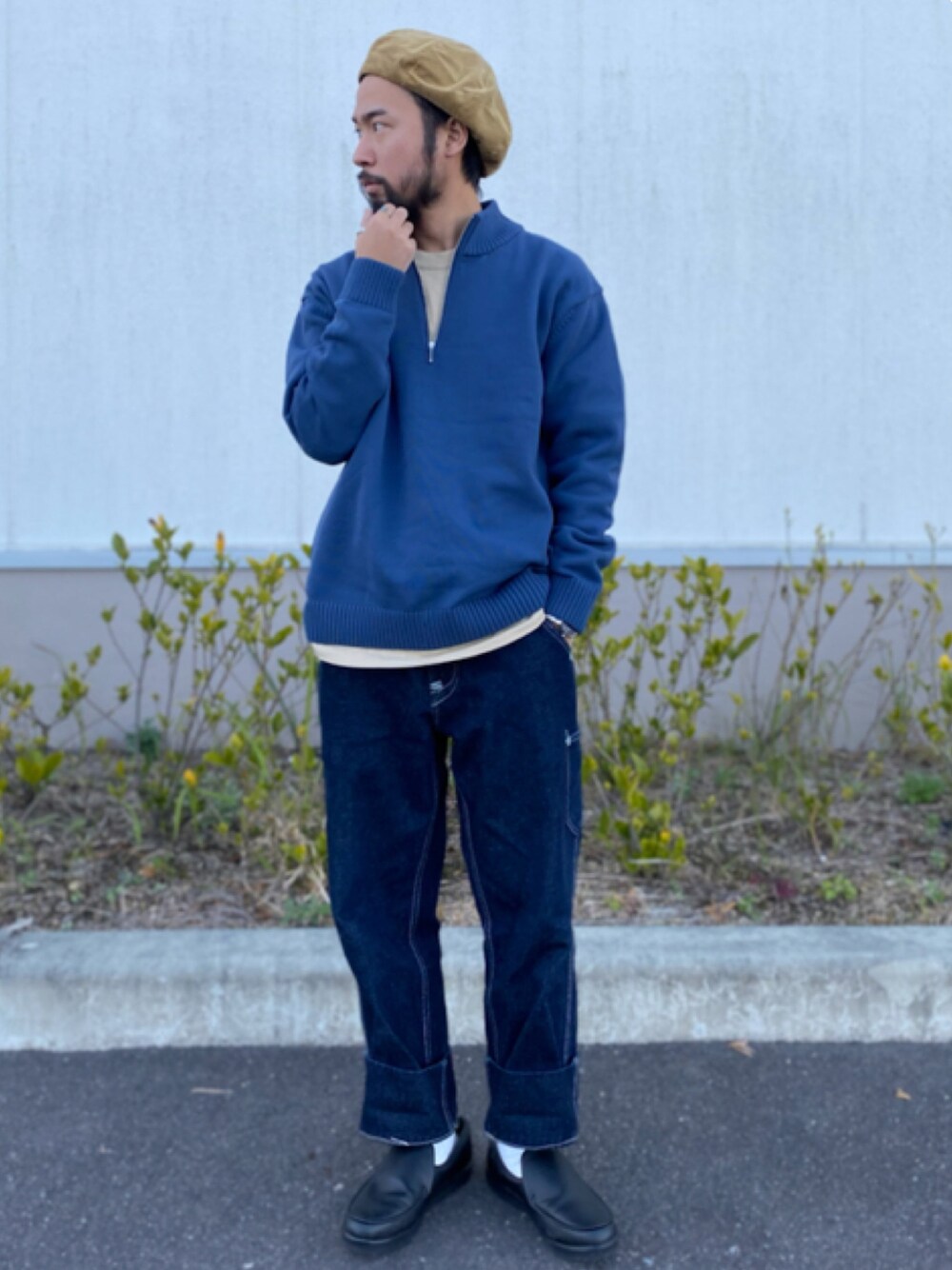 「ベレー帽、シンプル、ニット、ハーフジップ、ライトオン、デニム」｜「BACK NUMBERの【BACK NUMBER】天竺編みハーフジップニット（ニット/セーター、ブルー系）」を使った、kjsaaanさん（メンズ・170cm）の秋コーディネートの1枚目の写真