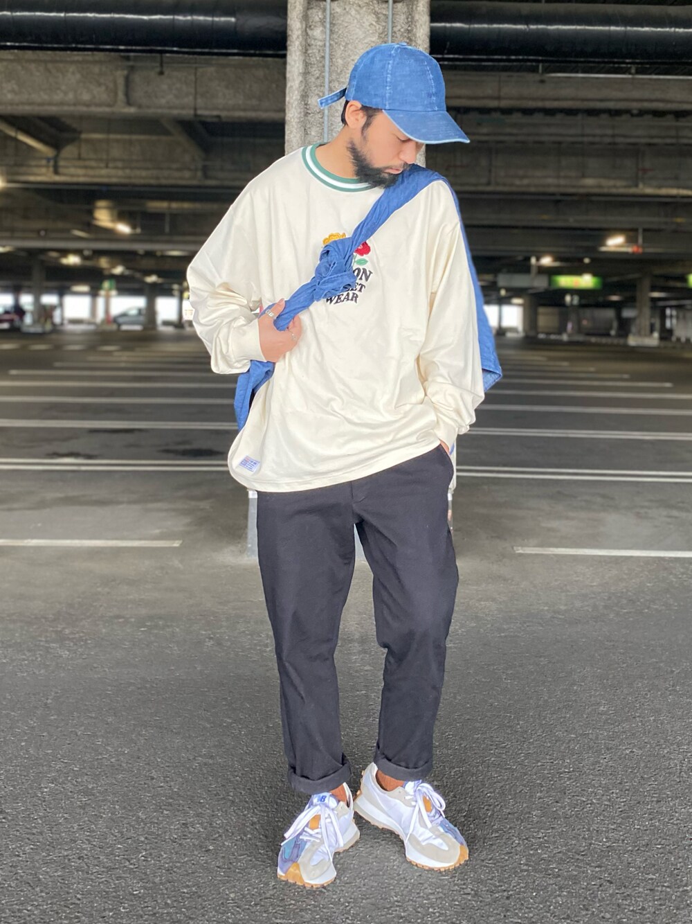 「カジュアルコーデ、春服みてみて、シンプルスタイル、ニューバランス、ロンT、ライトオン」｜「newhattanの【NEWHATTAN】デニムキャップ（キャップ、ブルー系）」を使った、kjsaaanさん（メンズ・170cm）の春コーディネートの1枚目の写真