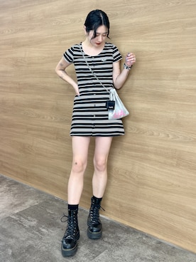 「x-girl_ootd」｜「アイテム（ワンピース/ドレス）」を使った、立花清華さん（レディース・168cm）の春コーディネート