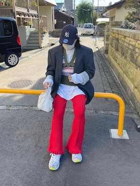 「アイテム（パンツ、レッド系）」を使った、kanakoさん（レディース・162cm）の秋コーディネート