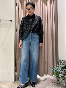 「grove（グローブ）のリーフ刺繍スパンコールベスト＆ブラウスセット（シャツ/ブラウス、ブラック系）」を使った、micca0118さん（レディース）の秋コーディネート