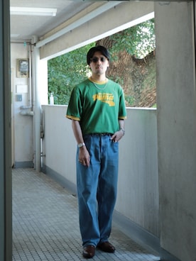 「PUMA（プーマ）のアイテム（Tシャツ/カットソー、グリーン系）」を使った、amenoishidatamiさん（メンズ・174cm）の夏コーディネート