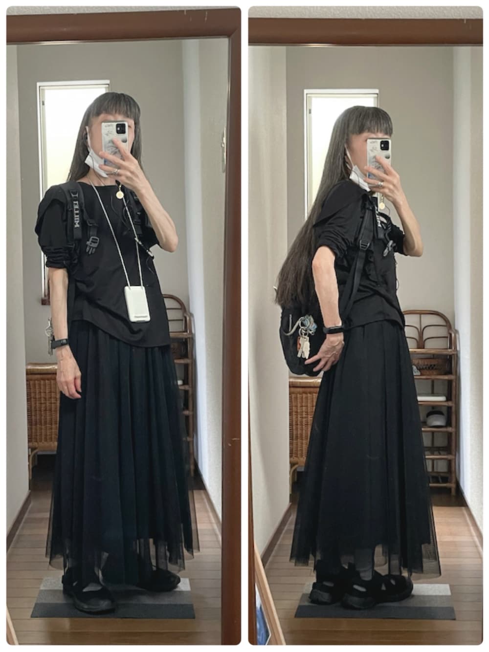 ブラック系のスカート、ブラック系のTシャツ/カットソー、ブラック系のTシャツ/カットソーを着用したレディースの夏コーディネートの1枚目の写真