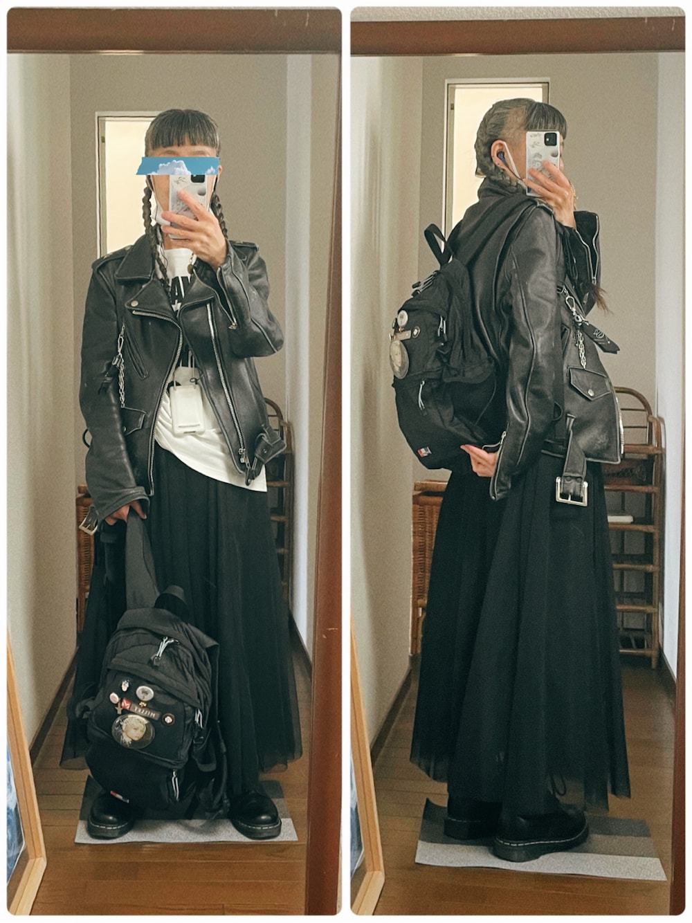 ホワイト系のTシャツ/カットソー、ブラック系のバックパック/リュック、ブラック系のスカートを着用したレディースの春コーディネートの1枚目の写真