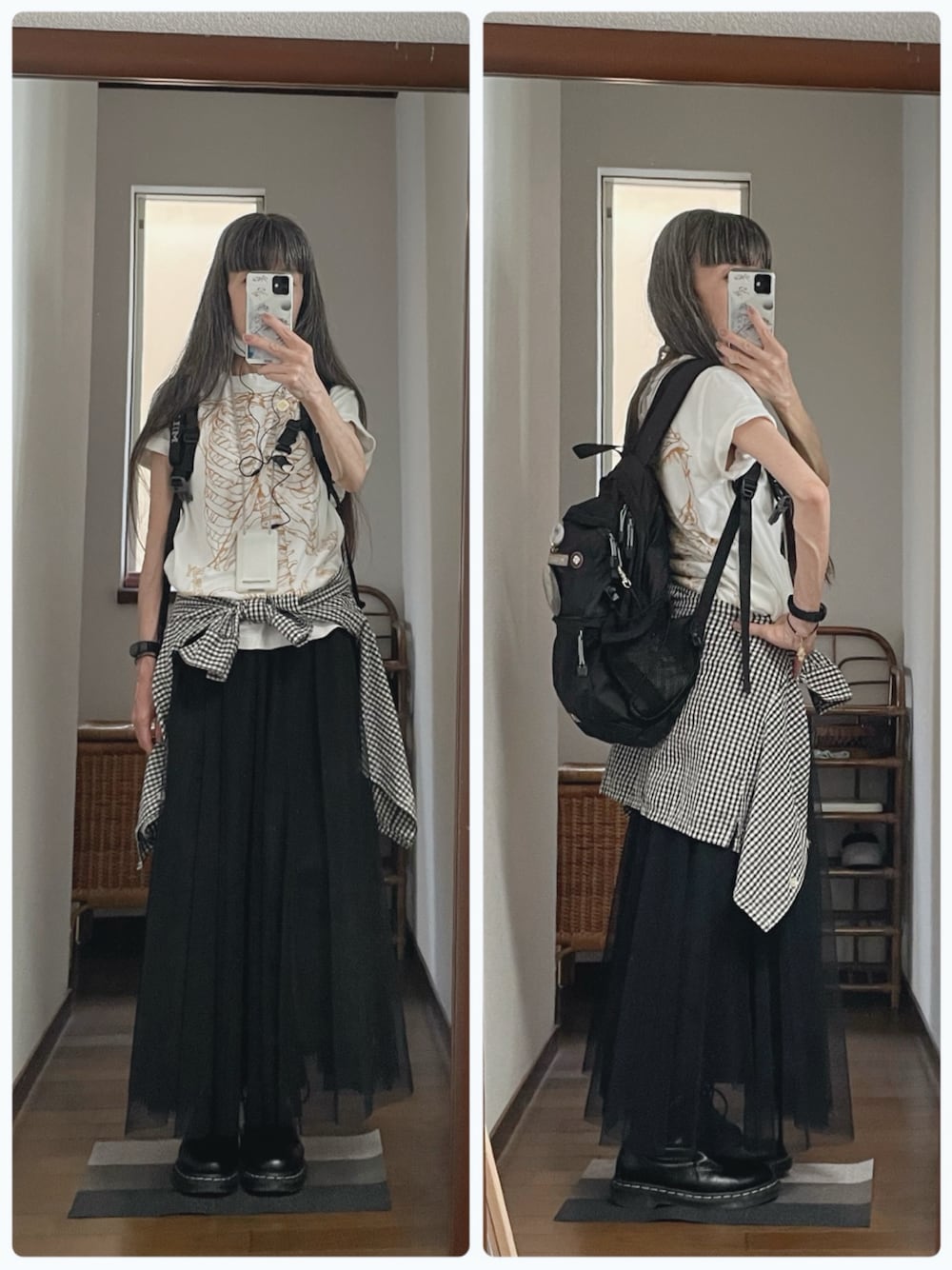 ブラック系のスカート、ブラック系のブーツ、ブラック系のシャツ/ブラウスを着用したレディースの夏コーディネートの1枚目の写真