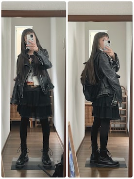 「Dr. Martens（ドクターマーチン）の【Dr.Martens】ドクターマーチン　1460 WHITE STITCH　ホワイトステッチ8ホールブーツ（ブーツ、ブラック系）」を使った、maiさん（レディース・146cm）の春コーディネート