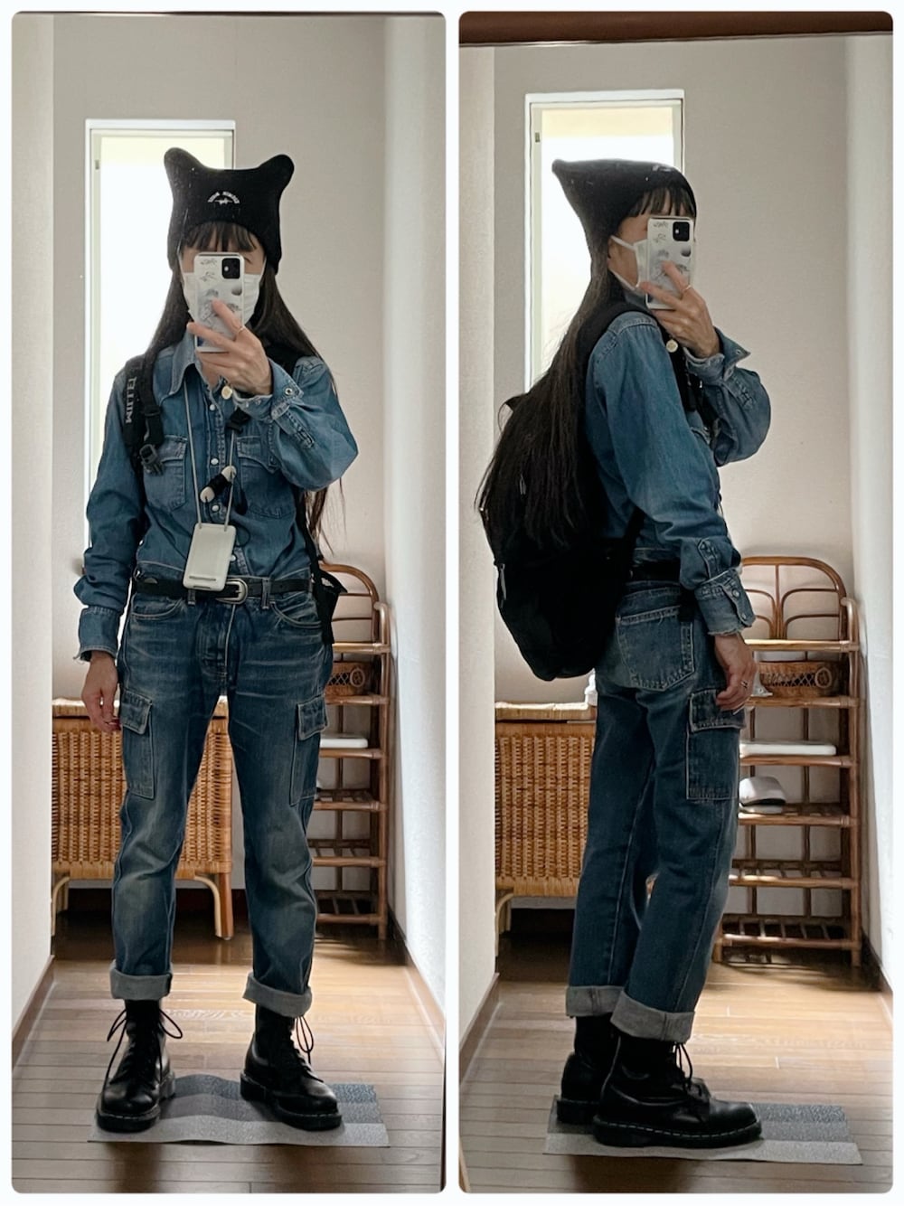 ブラック系のブーツ、ブルー系のシャツ/ブラウス、ブルー系のデニムパンツを着用したレディースの春コーディネートの1枚目の写真