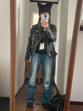 「アイテム（ライダースジャケット）」を使った、maiさん（レディース・146cm）の秋コーディネート