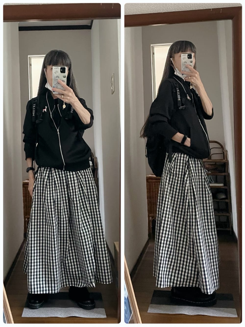 その他のスカート、ブラック系のブーツ、ブラック系のTシャツ/カットソーを着用したレディースの秋コーディネートの1枚目の写真