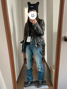 「アイテム（ライダースジャケット）」を使った、maiさん（レディース・146cm）の冬コーディネート