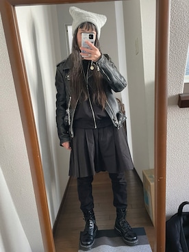 「アイテム（ライダースジャケット）」を使った、maiさん（レディース・146cm）の冬コーディネート