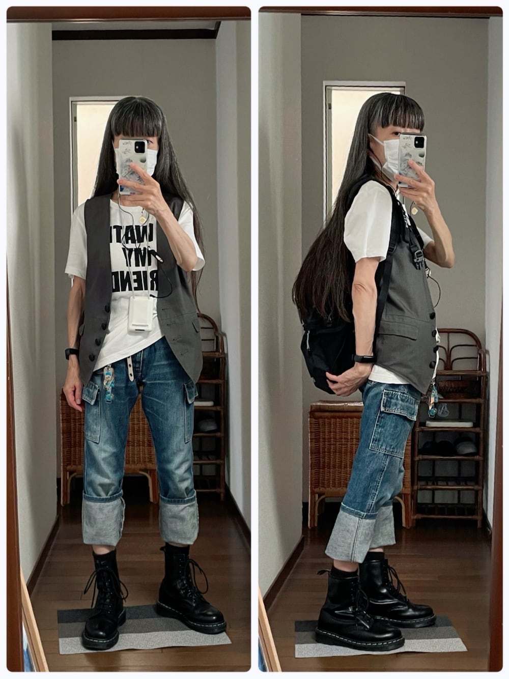 ブラック系のブーツ、ブルー系のデニムパンツ、ホワイト系のTシャツ/カットソーを着用したレディースの夏コーディネートの1枚目の写真