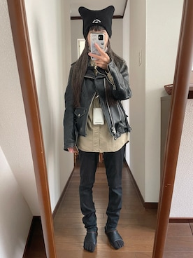 「アイテム（ライダースジャケット）」を使った、maiさん（レディース・146cm）の秋コーディネート