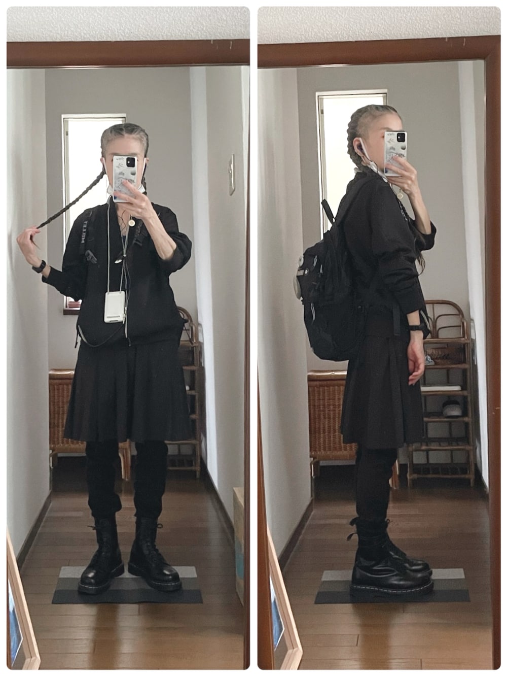 ブラック系のブーツ、ブラック系のスカート、ブラック系のパンツを着用したレディースの夏コーディネートの1枚目の写真