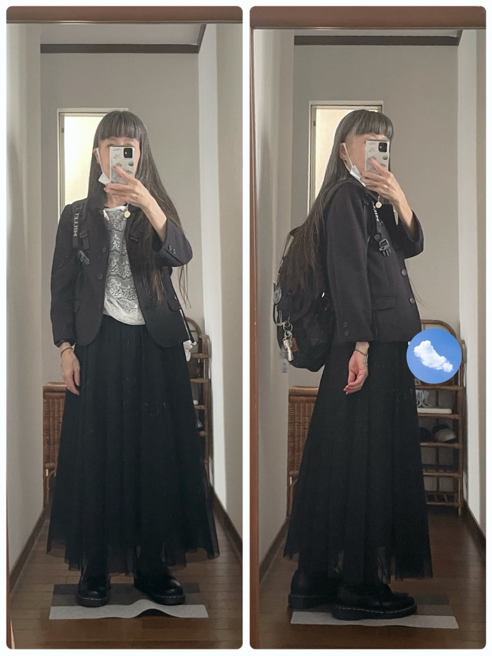 ホワイト系のその他トップス、ブラック系のその他アウター、ブラック系のスカートを着用したレディースの秋コーディネートの1枚目の写真