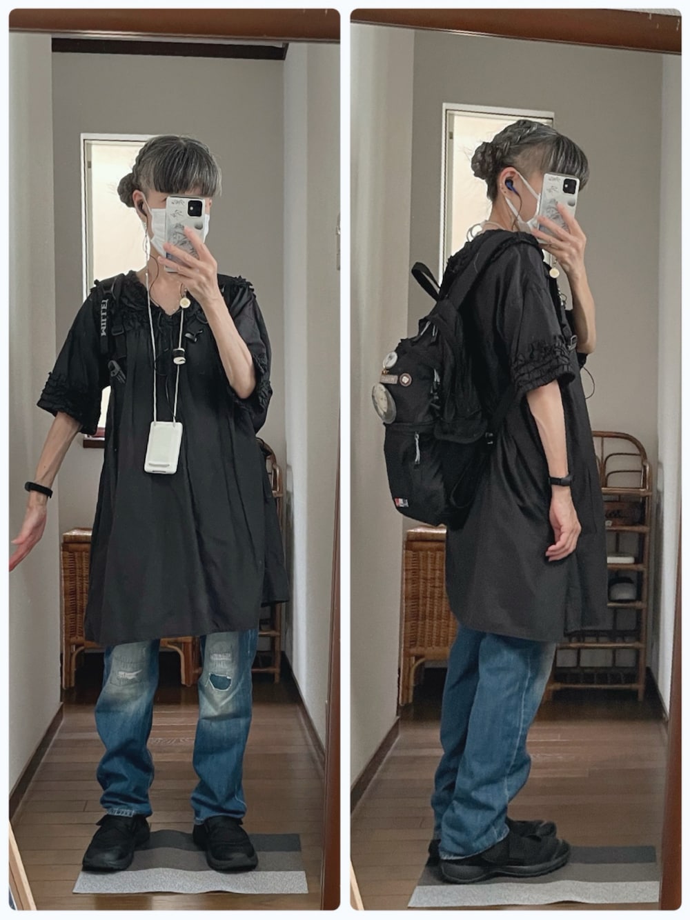 ブラック系のチュニック、ブルー系のデニムパンツ、ブラック系のサンダルを着用したレディースの夏コーディネートの1枚目の写真
