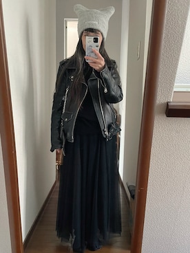 「アイテム（ライダースジャケット）」を使った、maiさん（レディース・146cm）の冬コーディネート