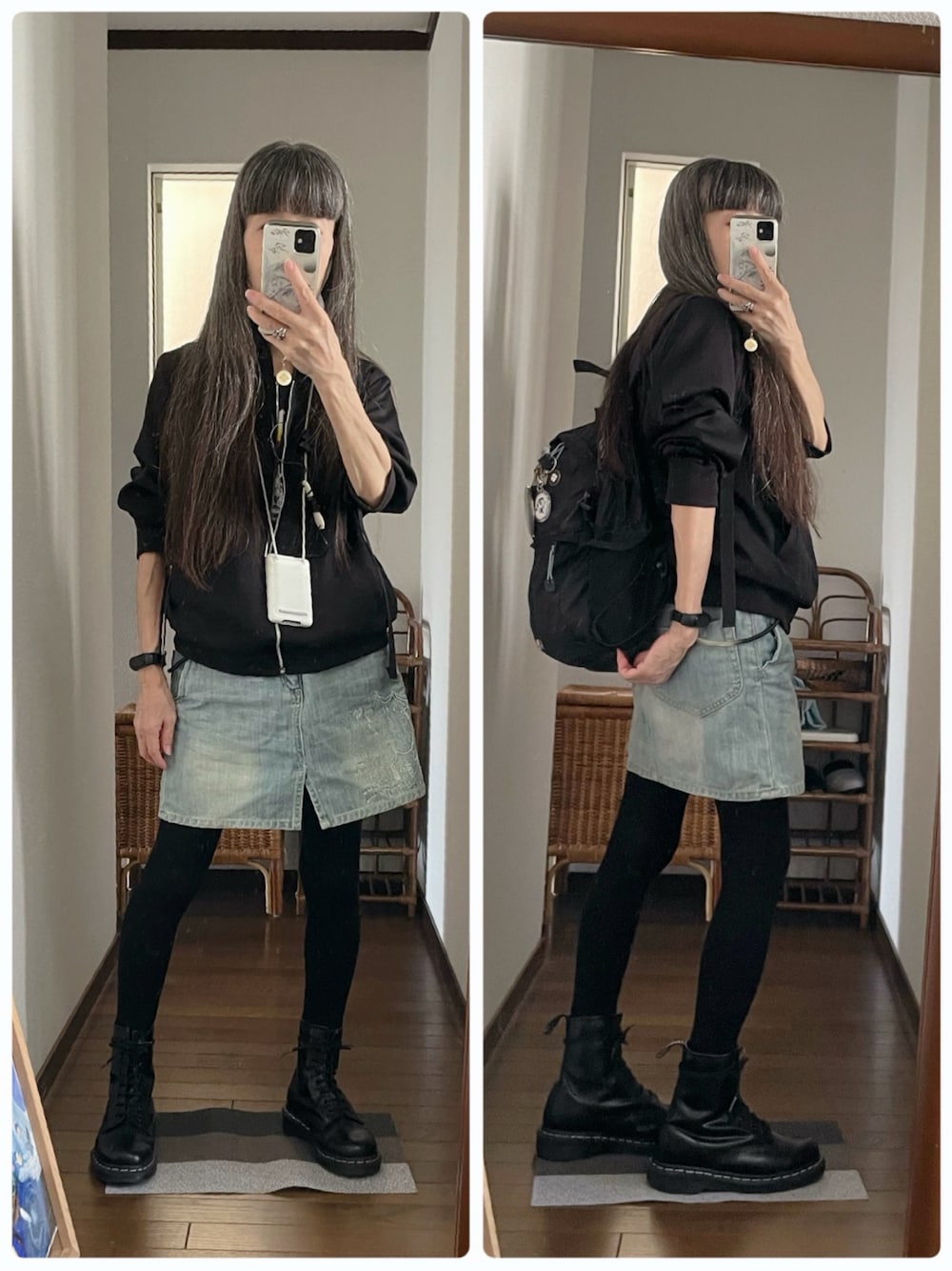 ブルー系のデニムスカート、ブラック系のブーツ、ブラック系のTシャツ/カットソーを着用したレディースの秋コーディネートの1枚目の写真