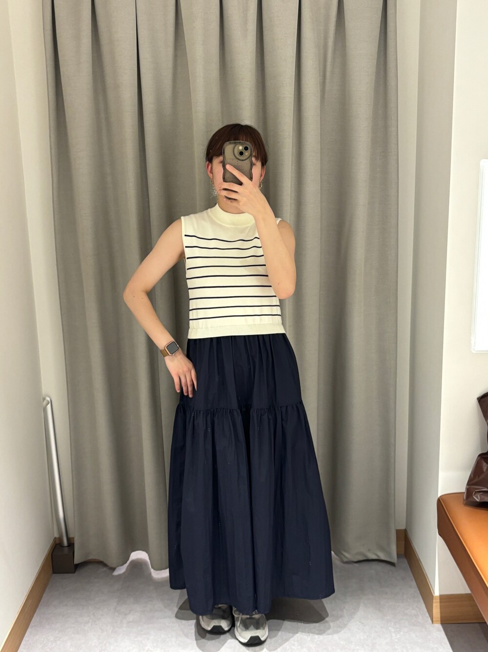 「SHIPS anyのSHIPS any: ボーダー × タフタ ドッキング ワンピース（ワンピース、ホワイト系）」を使った、chipiさん（骨格ストレート・レディース・158cm）の春コーディネートの1枚目の写真