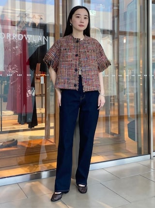 美品 マカフィー ツイードジャケット ブルー サイズ38*XC1756 セール】 マルチツイード ラウンドカラージャケット （ノーカラー