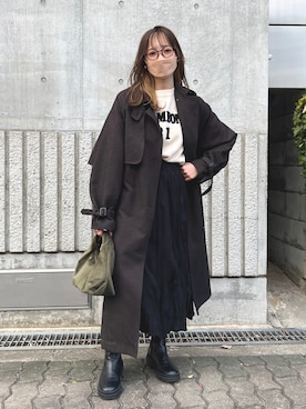 「ロゴニット」｜「アイテム（トレンチコート）」を使った、とらまめ(りなぎ)さん（レディース・153cm）の冬コーディネート