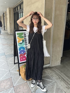 「E&C closet…（イーアンドシークローゼット）のロゴトートバッグ（トートバッグ、ホワイト系）」を使った、とらまめ(りなぎ)さん（レディース・153cm）の夏コーディネート